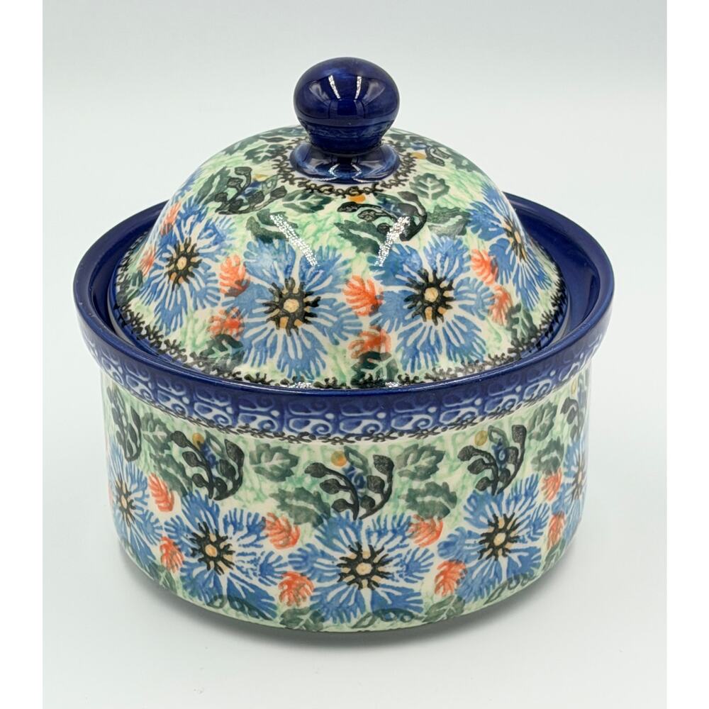 Unikat Polish Pottery E. Karbownik 6' Lidded Bowl Blue Wreath Jar - Picture 4 of 8